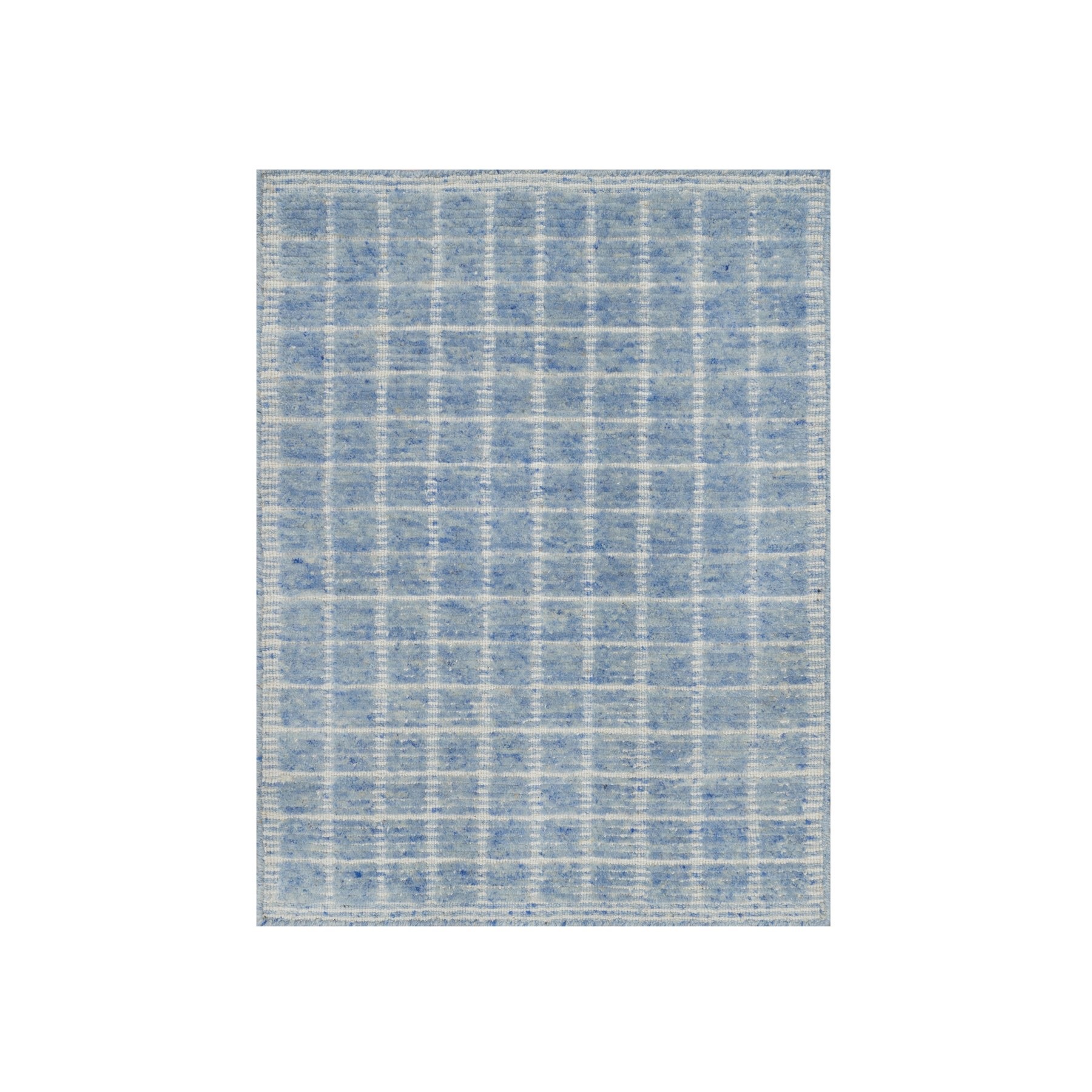 2'4"x3' Yonder Blue, Modern Plain Decor Box Design, Pure Wool, Soft to the Touch, Loomed Knotted, Mat, Oriental Rug 